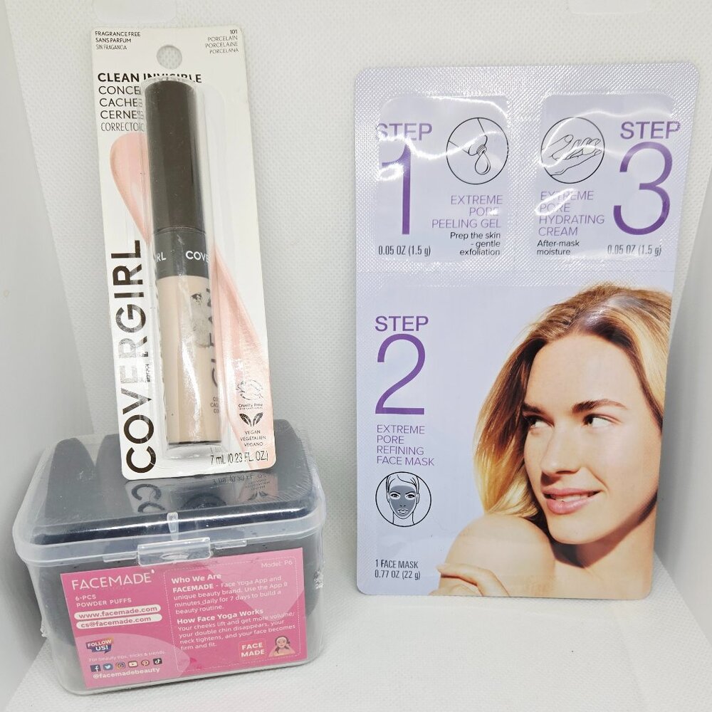 New Beauty Bundle CG Concealer, Facemade 6 pc Powder Puffs & 3 Step Facial Mask